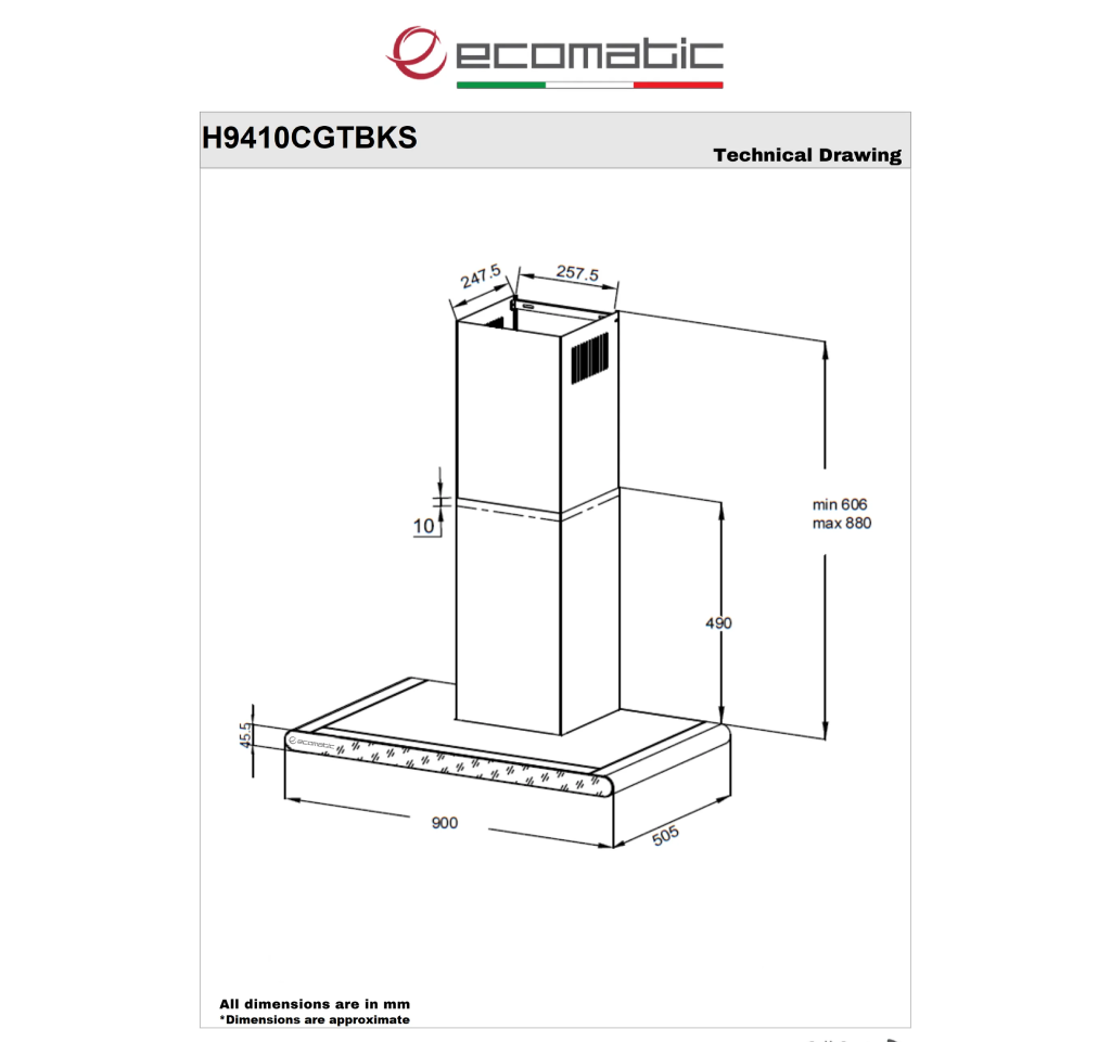 شفاط إيكوماتيك (Ecomatic) 90 سم حرف T أسود 1000م³/ساعة موتور إيطالي وحساس أبخرة SmartSENSE وريموت – موديل H9410CGTBKS
