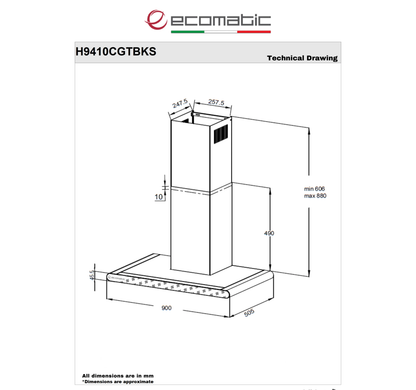 شفاط إيكوماتيك (Ecomatic) 90 سم حرف T أسود 1000م³/ساعة موتور إيطالي وحساس أبخرة SmartSENSE وريموت – موديل H9410CGTBKS
