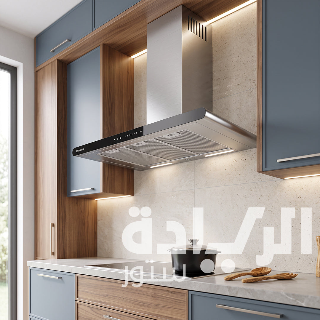 شفاط إيكوماتيك (Ecomatic) 90 سم حرف T استانلس ستيل 1000م³/ساعة موتور إيطالي وحساس أبخرة SmartSENSE وريموت – موديل H9410CGTXS