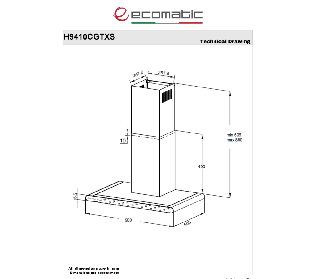 شفاط إيكوماتيك (Ecomatic) 90 سم حرف T استانلس ستيل 1000م³/ساعة موتور إيطالي وحساس أبخرة SmartSENSE وريموت – موديل H9410CGTXS