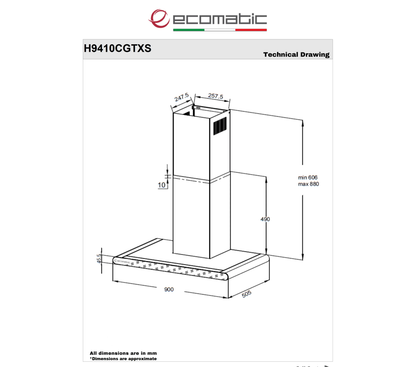 شفاط إيكوماتيك (Ecomatic) 90 سم حرف T استانلس ستيل 1000م³/ساعة موتور إيطالي وحساس أبخرة SmartSENSE وريموت – موديل H9410CGTXS
