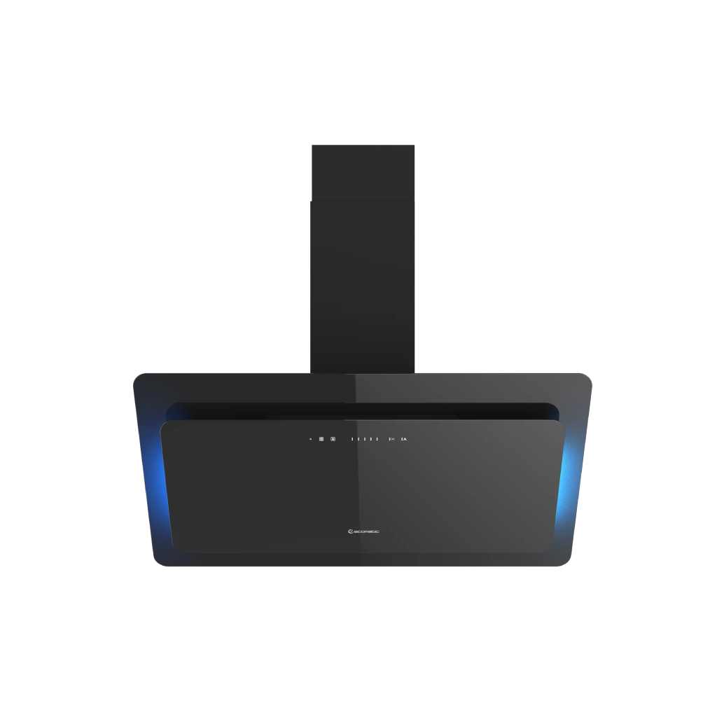 شفاط إيكوماتيك (Ecomatic) 90 سم مائل كريستال أسود 1000م³/ساعة موتور إيطالي وحساس أبخرة SmartSENSE وإضاءة محيطية متعددة الألوان – موديل H9410DFATRGS