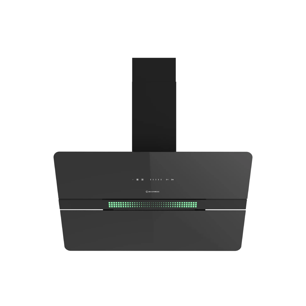 شفاط إيكوماتيك (Ecomatic) 90 سم مائل كريستال أسود 1000م³/ساعة موتور إيطالي وحساس أبخرة SmartSENSE وإضاءة محيطية متعددة الألوان – موديل H9410FATALS