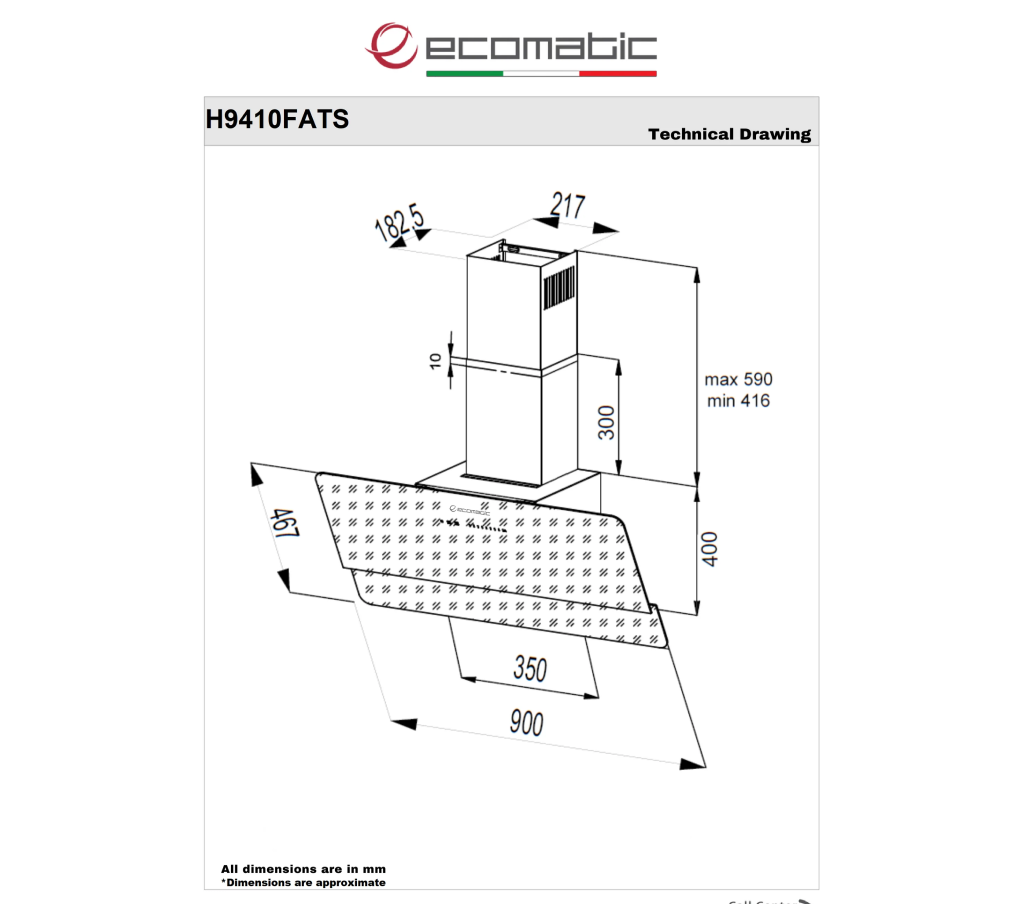 شفاط بلت إن إيكوماتيك Ecomatic) 90 سم ديكوري كريستال أسود 1000م³/ساعة موتور إيطالي وحساس أبخرة SmartSENSE وريموت – موديل H9410FATS