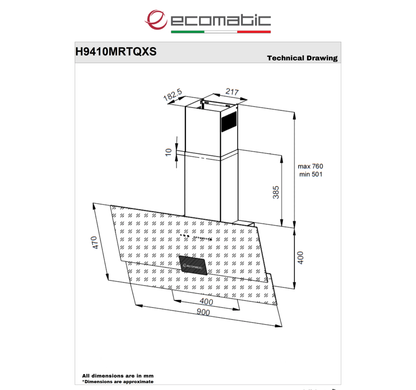 شفاط إيكوماتيك (Ecomatic) 90 سم مائل كريستال أسود 1000م³/ساعة موتور إيطالي وحساس أبخرة SmartSENSE وريموت – موديل H9410MRTQXS