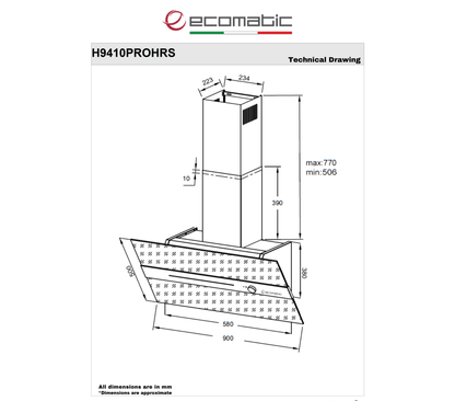 شفاط إيكوماتيك (Ecomatic) 90 سم ديكوري كريستال أسود 1000م³/ساعة موتور إيطالي وحساس أبخرة SmartSENSE وإضاءة محيطية ألمانية – موديل H9410PROHRS