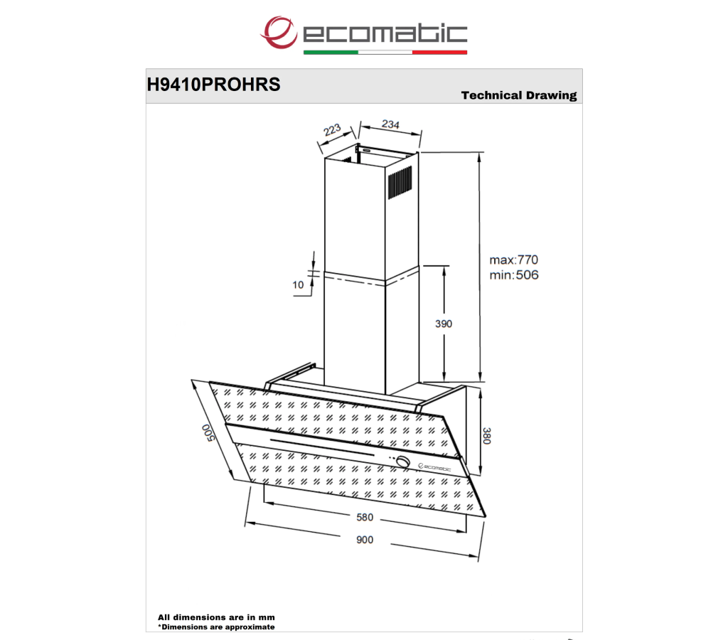 شفاط إيكوماتيك (Ecomatic) 90 سم ديكوري كريستال أسود 1000م³/ساعة موتور إيطالي وحساس أبخرة SmartSENSE وإضاءة محيطية ألمانية – موديل H9410PROHRS