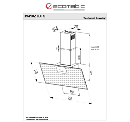 شفاط إيكوماتيك (Ecomatic) 90 سم مائل كريستال أسود ثنائي اللون 1000م³/ساعة موتور إيطالي تدفق ذكي وحساس أبخرة SmartSENSE وريموت – موديل H9410ZTDTS
