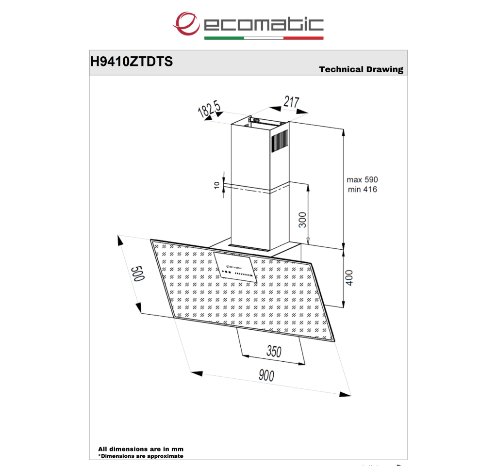 شفاط إيكوماتيك (Ecomatic) 90 سم مائل كريستال أسود ثنائي اللون 1000م³/ساعة موتور إيطالي تدفق ذكي وحساس أبخرة SmartSENSE وريموت – موديل H9410ZTDTS