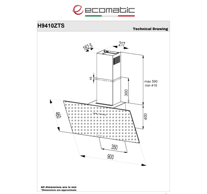 شفاط إيكوماتيك (Ecomatic) 90 سم مائل كريستال أسود 1000م³/ساعة موتور إيطالي وحساس أبخرة SmartSENSE ور Jest – موديل H9410ZTS