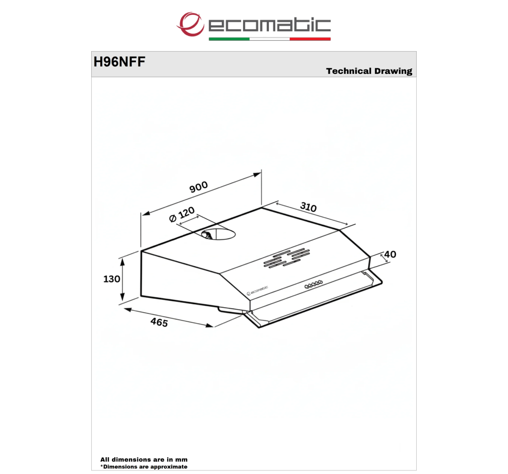 شفاط مطبخ إيكوماتيك  Ecomatic فلات 90 سم ستانلس ستيل – 2 موتور – 3 سرعات – قوة شفط 650 م³/س – موديل - H96NFF