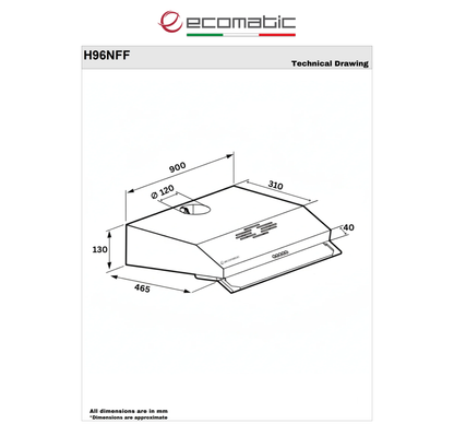 شفاط مطبخ إيكوماتيك  Ecomatic فلات 90 سم ستانلس ستيل – 2 موتور – 3 سرعات – قوة شفط 650 م³/س – موديل - H96NFF