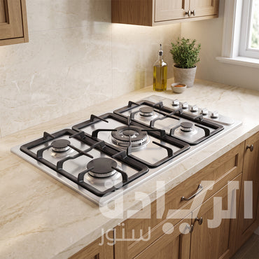 مسطح بلت إن غاز فولجر Fulgor 90 سم ستانلس ستيل – تصميم كلاسيكي بشعلة ثلاثية بالمنتصف، تحكم جانبي يمين، 5 شعلات، حوامل زهر وأمان كامل – موديل HFG 90 SRC T 5B F