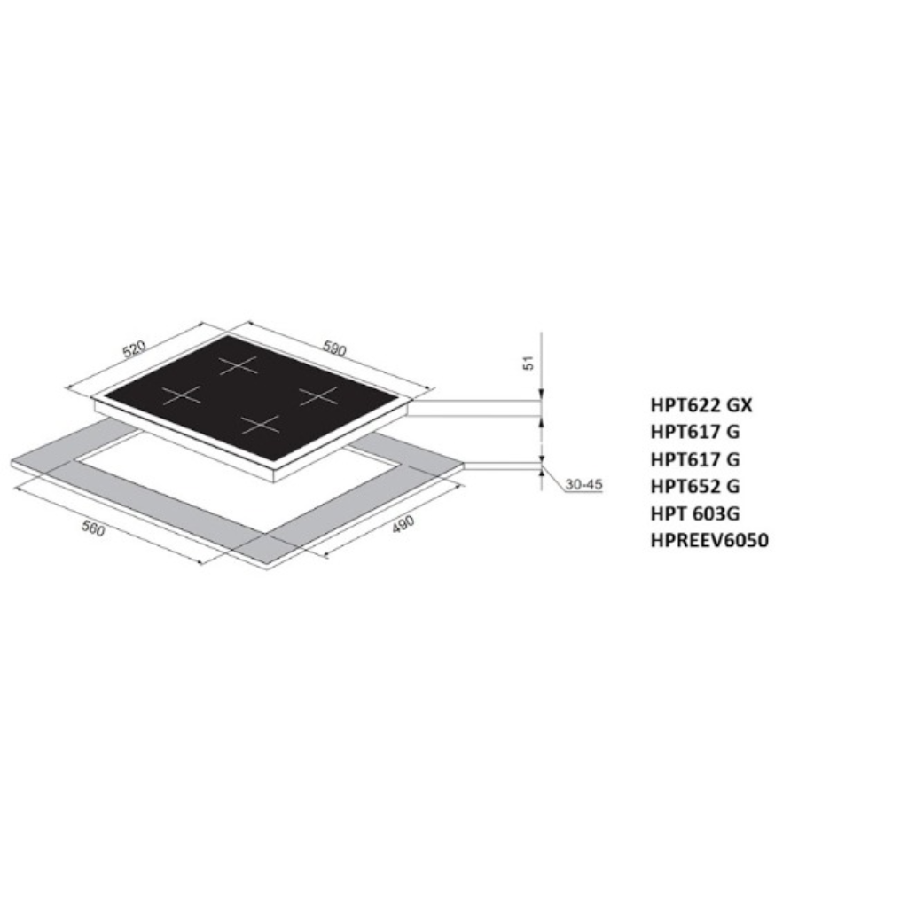 Built-in Gas Cooktop Purity 60 cm Black Glass – 4 SABAF Burners – Automatic Ignition – HPT617G