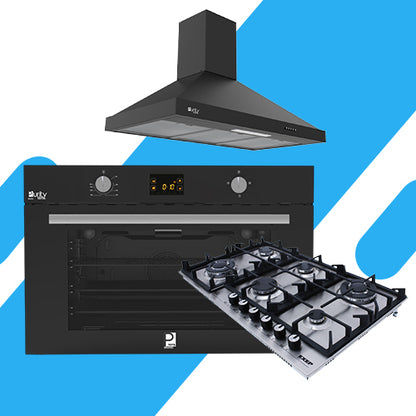 طقم بلت ان بيورتي -  فرن غاز 105 لتر بشواية (KPT917GG GBL) +  مسطح 90 سم ستانليس 6 عين غاز (HPT904S) + شفاط هرمي 90 سم، قوة شفط 850 م3/ساعة، ( 90 PANSY PRO BL)