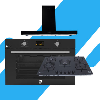 طقم بوتاجاز بلت إن بيورتي- فرن غاز 105 لتر بشواية (KPT917GG GBL) + مسطح غاز 90 سم 5 شعلات بشبكات متينة (HPT915G) + شفاط  بقوة 850 م³/س – (FLATO PRO BL 90 )