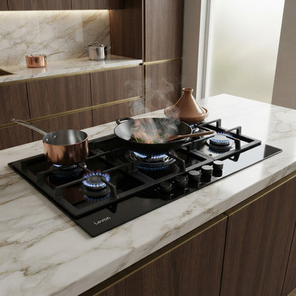 Levon 90cm Built-in Gas Hob, 5 Burners, Black Glass – Model NBH 2675-15-BG