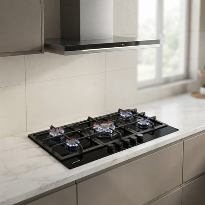 Levon 90cm Built-in Gas Hob, 5 Burners, Black Glass – Model NBH 2675-15-BG