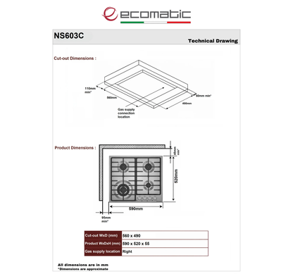 مسطح غاز بلت إن إيكوماتيك – 4 شعلات – استانلس ستيل – 60 سم – موديل – NS603C