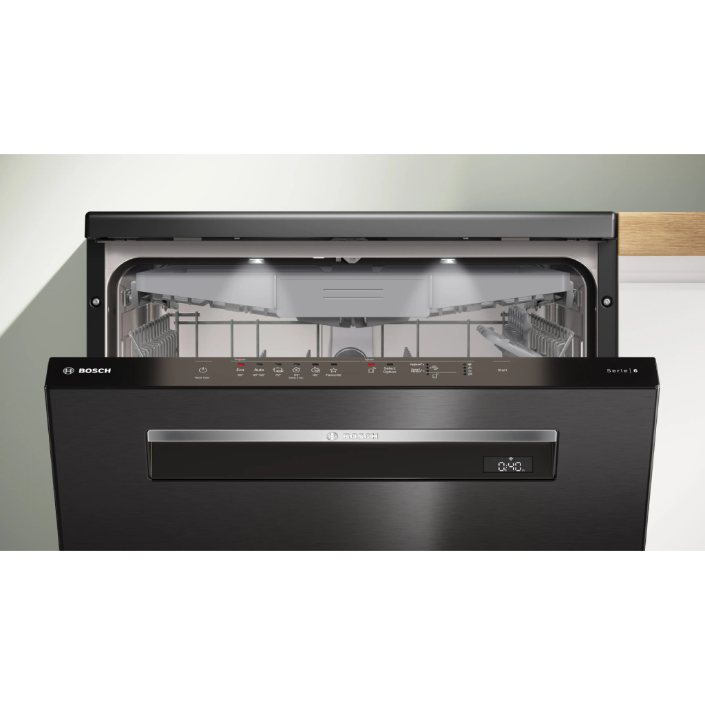 غسالة أطباق بوش (BOSCH) سيريس 6 مقاس 60 سم – 14 فرد – 6 برامج – إنترنت Home Connect – أسود مفرش – موديل SMP6EMC00V