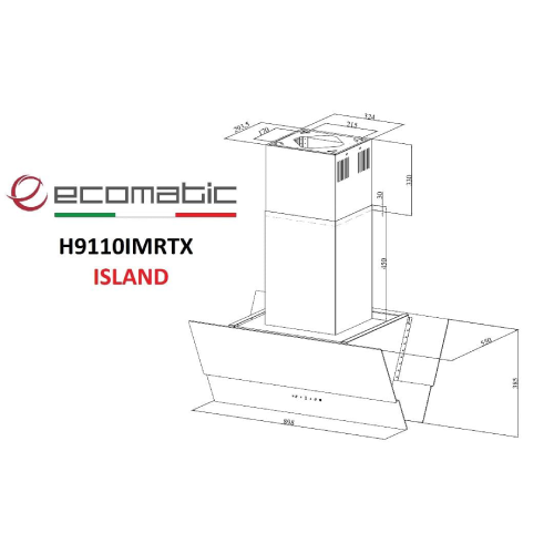 شفاط مطبخ جزيرة إيكوماتيك 90 سم زجاج كريستال أسود قوة شفط 1000 م³/ساعة - H9110IMRTX