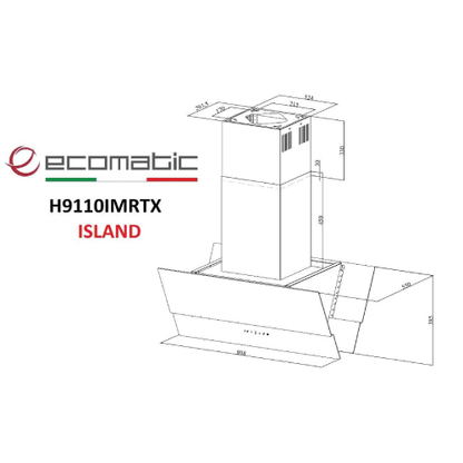 شفاط مطبخ جزيرة إيكوماتيك 90 سم زجاج كريستال أسود قوة شفط 1000 م³/ساعة - H9110IMRTX