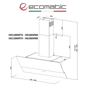 شفاط مطبخ ديكوري إيكوماتيك 60 سم كريستال أسود × ستانلس – قوة شفط 650 م³/ساعة – H6106MRB