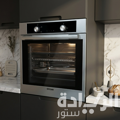 فرن أوشن غاز 60 سم INOX بباب زجاج أسود – شواية غاز – شواية دوارة – Air Fryer – شاشة LED – تنظيف كاتاليتيك – موديل OOGR 65 IECF2 SV