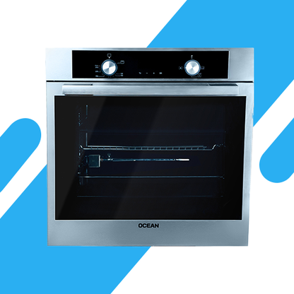 فرن أوشن غاز 60 سم INOX بباب زجاج أسود – شواية غاز – شواية دوارة – Air Fryer – شاشة LED – تنظيف كاتاليتيك – موديل OOGR 65 IECF2 SV