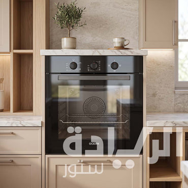 فرن غاز بلت إن أوشن (Ocean) 60 سم أسود مع لمسات استانلس ستيل، شواية غاز، مروحة طهي + مروحة تبريد، تايمر جرس – موديل OOGR 65 N F SV