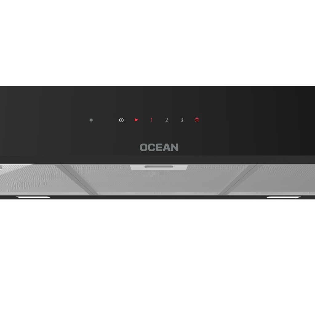 شفاط مطبخ مسطح أوشن (Ocean) 90 سم زجاج أسود، 90 سم قوة شفط 450 م³/ساعة، تحكم باللمس وريموت كنترول، 3 سرعات– موديل OSCHIR 93 BG TC CF