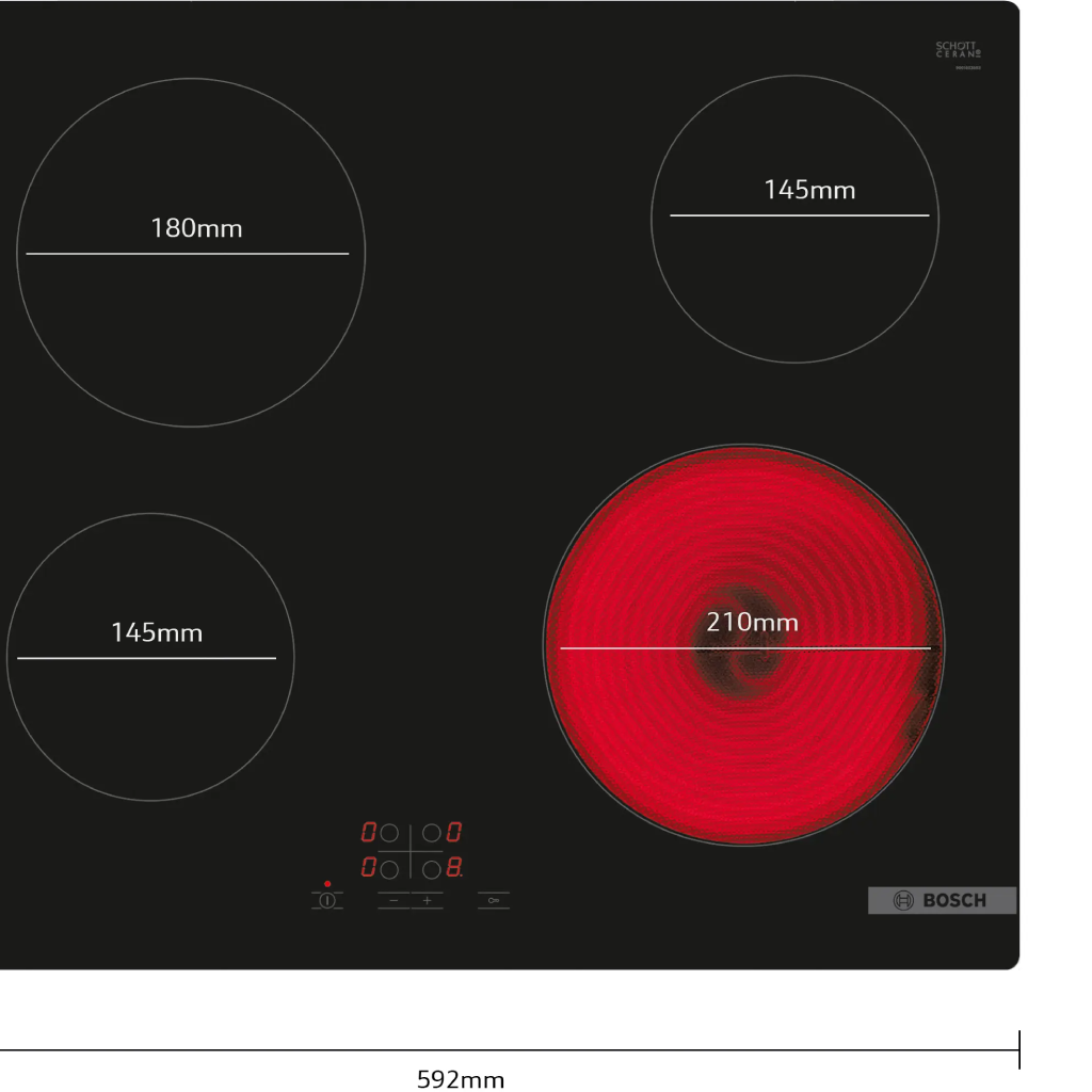 BOSCH Ceramic Electric Built-in Hob 60 cm – 4 Burners – 17 Power Levels – Frameless – Model PKE611BA2E