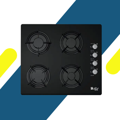 مسطح غاز بيورتي بلت إن – 4 شعلات زهر – زجاج أسود مقاوم للصدمات – 60 سم – موديل – PT601GLBL