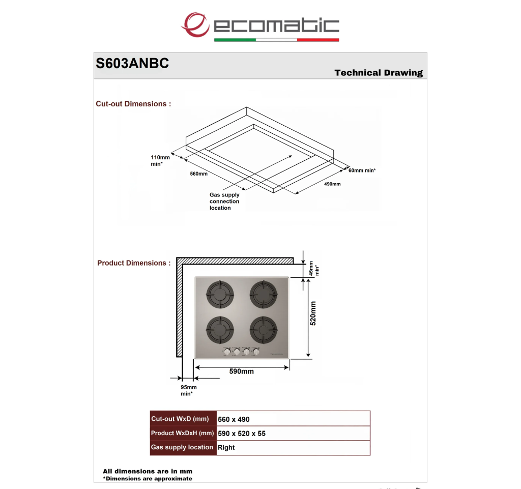مسطح بلت إن غاز إيكوماتيك – 60 سم – 4 شعلات – ستانلس ستيل – موديل – S603ANBC