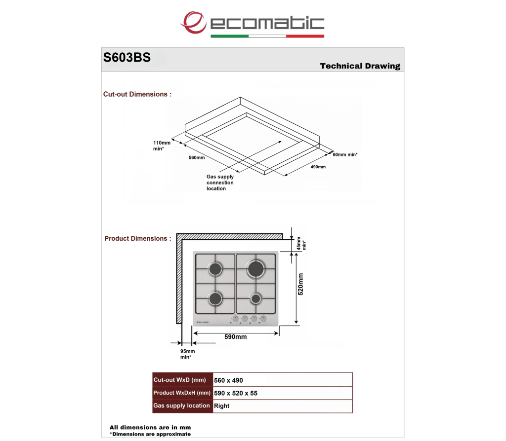بوتاجاز غاز بلت إن إيكوماتيك S603BS – 4 شعلة – ستانلس ستيل – 60 سم – إشعال أوتوماتيكي وأمان كامل