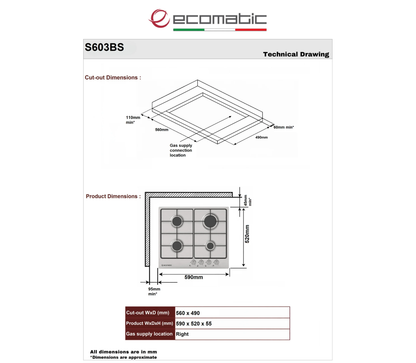 بوتاجاز غاز بلت إن إيكوماتيك S603BS – 4 شعلة – ستانلس ستيل – 60 سم – إشعال أوتوماتيكي وأمان كامل