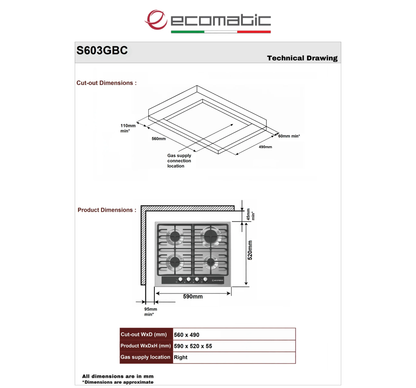مسطح غاز بلت إن إيكوماتيك (Ecomatic ) 60 سم ستانلس ستيل بلوحة تحكم كريستال – موديل S603GBC
