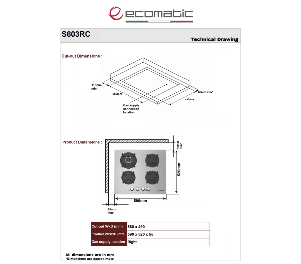 مسطح بلت إن إيكوماتيك غاز – 60 سم – 4 شعلات غاز – ستانلس ستيل – موديل – S603RC