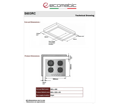 مسطح بلت إن إيكوماتيك غاز – 60 سم – 4 شعلات غاز – ستانلس ستيل – موديل – S603RC