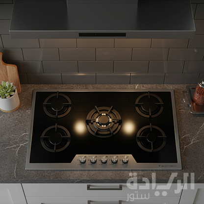 مسطح غاز إيكوماتيك بلت إن – 90 سم – 5 شعلة – كريستال أسود بفريم ستانلس – موديل – S907IGC