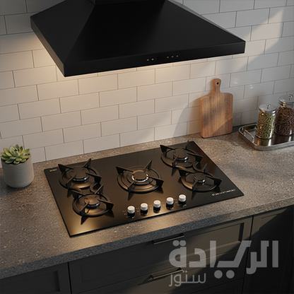 مسطح غاز إيكوماتيك بلت إن – 90 سم – 5 شعلات كريستال أسود بزجاج SCHOTT ألماني – موديل S917DC