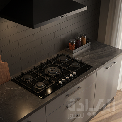 مسطح غاز بلت إن إيكوماتيك 92 سم كريستال أسود X-LARGE – 5 شعلات SABAF – إشعال أوتوماتيك وأمان كامل S997XLC