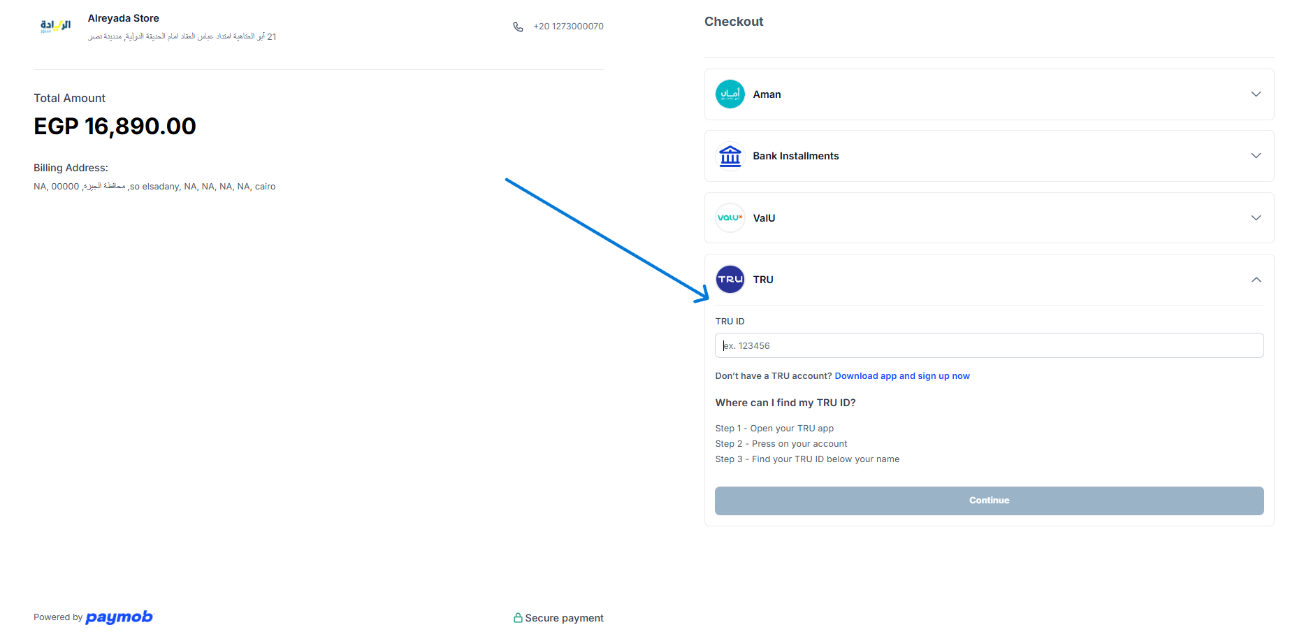 التقسيط من خلال ترو — أدخل رقم الـ ID الخاص بك، ثم اختر فترة التقسيط، واضغط على 