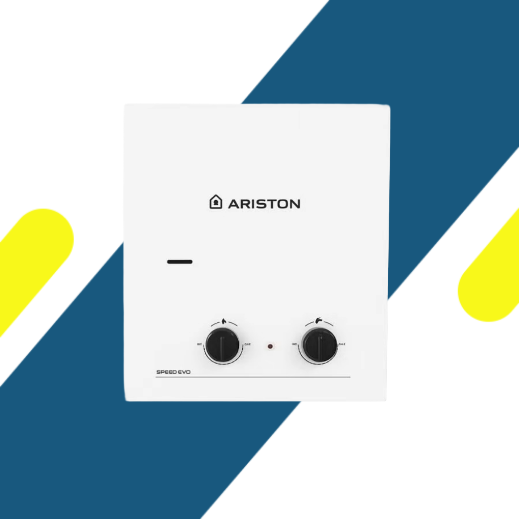 سخان مياه غاز أريستون (Ariston) سبيد إيفو 6 لتر غاز أنبوبة مع شاحن (أداپتر)، إشعال أوتوماتيكي بدون مدخنة – موديل Speed EVO 6L LPG ADPT