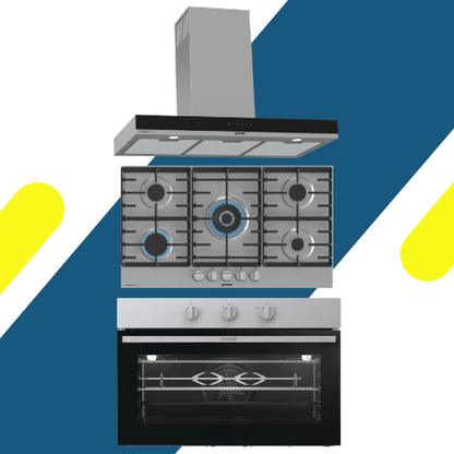 طقم بلت إن جورينيا (Gorenje) - شفاط مطبخ 90 سم بقوة شفط 673 م³/ساعة - موديل - WHT944EXGB + مسطح بلت إن غاز جورينيا 90 سم – 5 شعلة - موديل - GW9C51X + فرن غاز بلت إن جورينيا 90 سم – 86 لتر - موديل – BOG92201XK