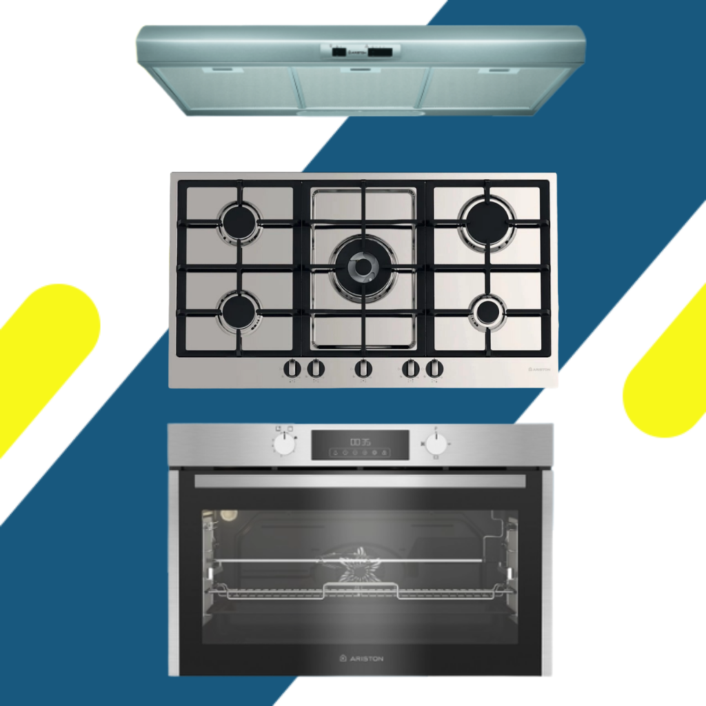 طقم بلت إن اريستون (Ariston) - شفاط مطبخ 90 سم بقوة شفط 336 م³/ساعة - موديل - SL191LPIX + مسطح بلت إن غاز اريستون 90 سم – 6 شعلة - موديل - PK951 T GH + فرن غاز بلت إن اريستون ديجيتال 90 سم – 96 لتر - موديل – AROG 9R2F3NG XNA