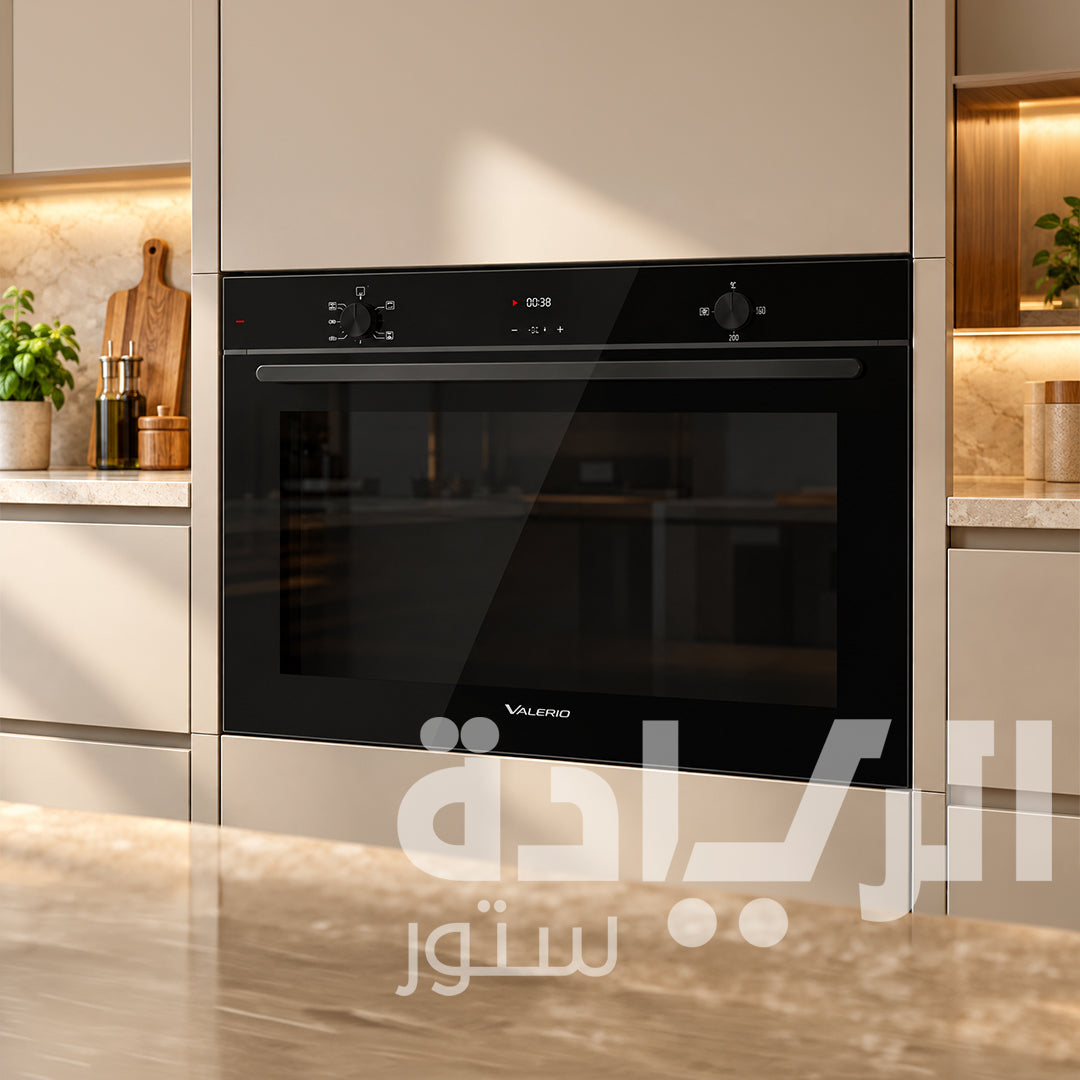 فرن بلت إن غاز فاليريو (Valerio) تركي 90 سم، سعة عملاقة 123 لتر، زجاج أسود داكن، مروحتين توزيع حراري تربو + مروحتين تبريد، جوانب تنظيف ذاتي VBO90DX01