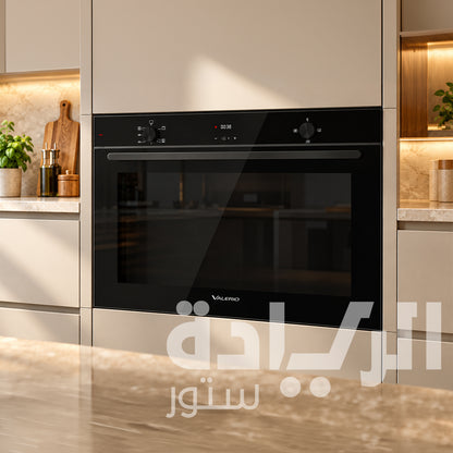 فرن بلت إن غاز فاليريو (Valerio) تركي 90 سم، سعة عملاقة 123 لتر، زجاج أسود داكن، مروحتين توزيع حراري تربو + مروحتين تبريد، جوانب تنظيف ذاتي VBO90DX01
