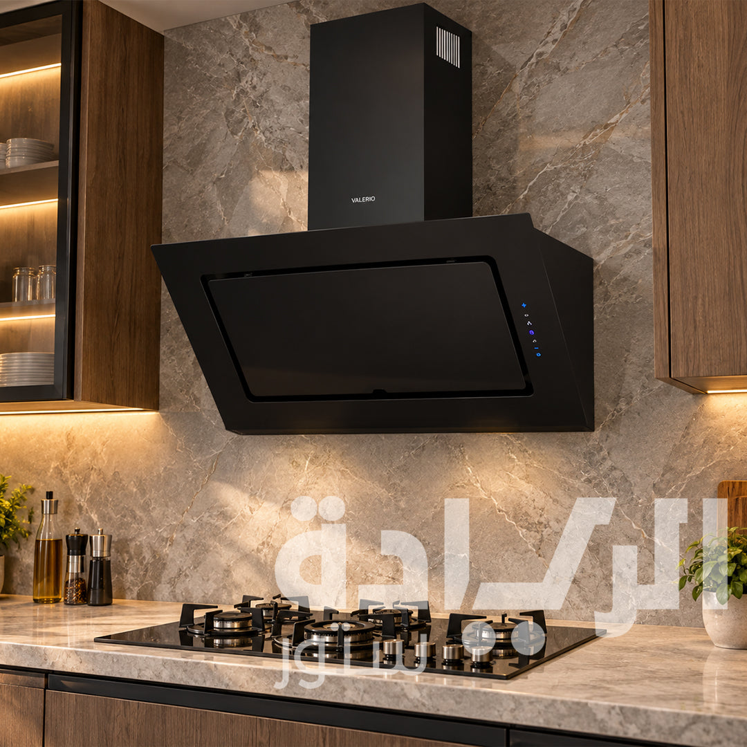 Valerio 90cm Decorative Cooker Hood – Black Glass – 1000 m³/h Turbo Suction Power – 5 Speeds – Remote Control – Model VCD95ND EVO