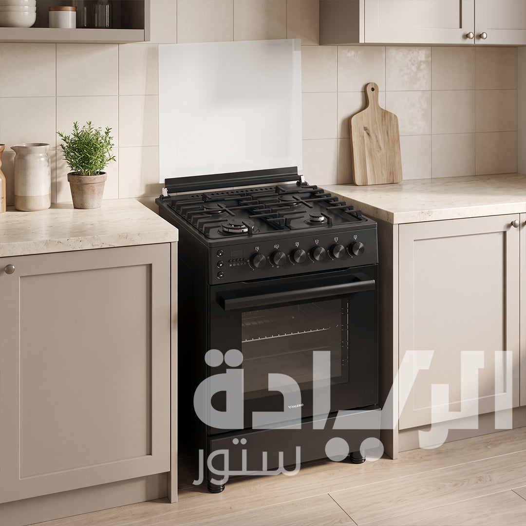 Valerio 60×60cm Gas Cooker – Made in Turkey – 4 Gas Burners – Italian SABAF Triple Burner – Full Black – Full Gas Safety & Automatic Ignition – Model VFS6060XG01